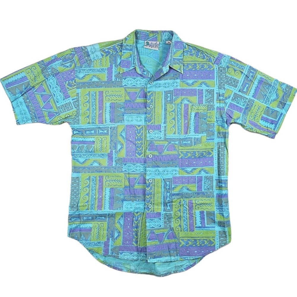 Vtg 80's Jaxie J. Yoshio Aloha Shirt Mens M Geometric Tribal Waves Green Purple